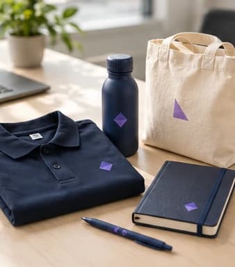 Polo, garrafa, caderno e tote bag personalizados numa secretária