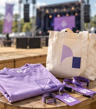 T-shirt, tote bag e pulseiras personalizadas junto a um palco
